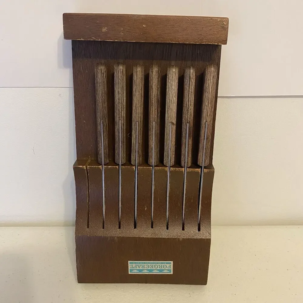Forgecraft Stainless Steak Knives Set Of 7 Brown Wooden Handles Easy Clean